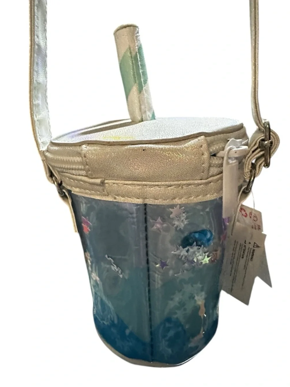 Claire’s Boba Tea Bag, zip closure Blue and iridescent white NWT